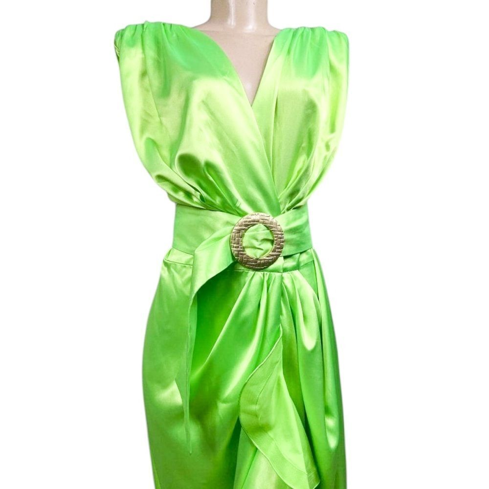BRONX and BANCO Neon Green Lika Belted Asymmetric Ruffle Wrap Dress Size… - Picture 5 of 11